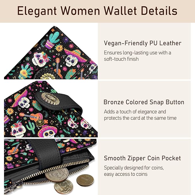 Kelvoris Skull Small Rfid Women Wallet Bifold Zipper Coin Pocket PU Leather Compact Cash Credit Card Holder Travel Wallet for Female Ladies Teen Girls 1 ID Window 10 Card Slots Day of The Dead