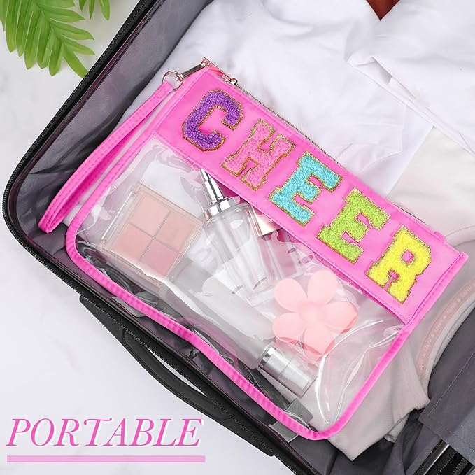 Abbylike 1 Pcs Cheer Bags Chenille Letter Zipper Pouch Waterproof PVC Large Bag for Travel Makeup Cosmetic Storage Organizer for Mom Team Cheerleaders Teacher(Pink)