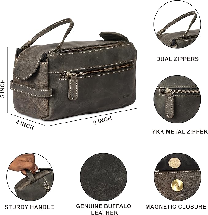 KomalC Premium Buffalo Leather Toiletry Bag for Men & Women With Water resistant Lining, Grooming Travel Pouch, Unisex Wash Bag for Toiletries, Gifts for Men and Women