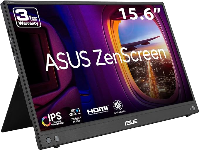 ASUS ZenScreen 16” (15.6 inch viewable) 1080P USB-C Portable Monitor (MB16AHV) & ZenScreen Stand MTS02D - Ergonomic Stand for Portable Monitors, Tilt, Pivot, Height adjustments, 1/4”
