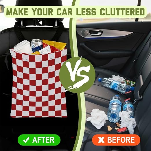 Car Garbage Bag Red White Checkered Drawstring Car Trash Bag Hanging for Back Seat with Adjustable Buckle Canvas Vehicle Trash Can Easy-to-Install for Car Accessories Vehicle Travelling Camping