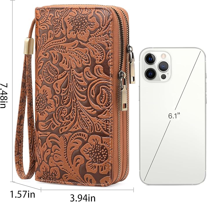 GOIACII Women's Wallet Wristlet Ladies Phone Purse RFID Blocking Large Card Holder Double Zip Grip Strap Vegan Leather