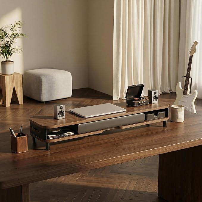 Fenge Monitor Stand with Large Drawer, 42.5 Inch Dual Monitor Riser for 2 Monitors, Ergonomic Computer Desk Shelf with Soft Touch Leather & Storage Organizer for Laptop, Computer, TV, PC, Printers