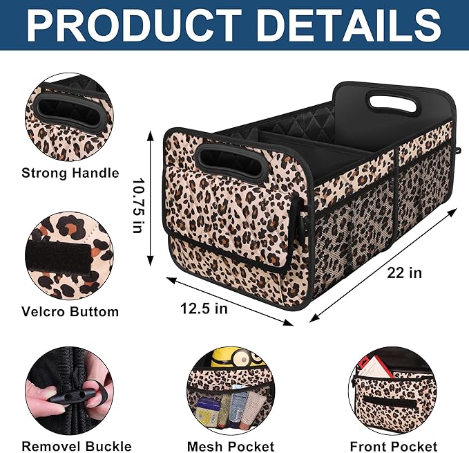 Deosk Car Trunk Organzier for suv,Car Organziers and Storage with 6 Big Pocket for Women/Men 50L Waterproof Polyester Trunk Organzier for Minivan/Truck(Medium,Leopard print)