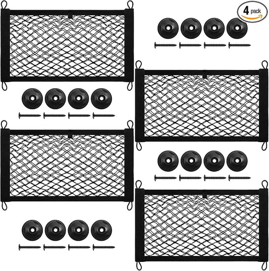 4 Pack Small Cargo Net, 17.7x9.8'' DEDC Large Storage Nets for Campervans, Double Layer Elastic Cargo Nets for RV, Boats with Mounting Screws, Hooks, Trunk Storage Net for SUV