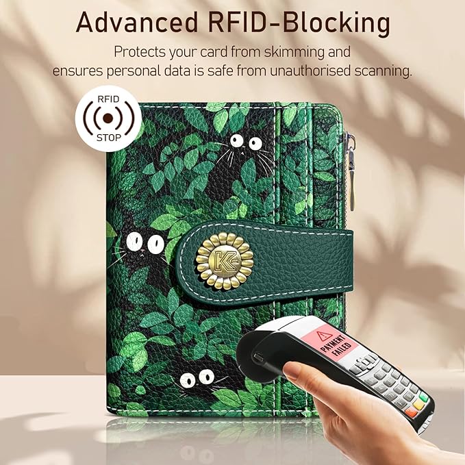 Kelvoris Cute Green Black Cats Grass Small Rfid Women Wallet Bifold Zipper Coin Pocket PU Leather Compact Cash Credit Card Holder Travel Wallet for Female Ladies Teen Girls 1 ID Window 10 Card Slots