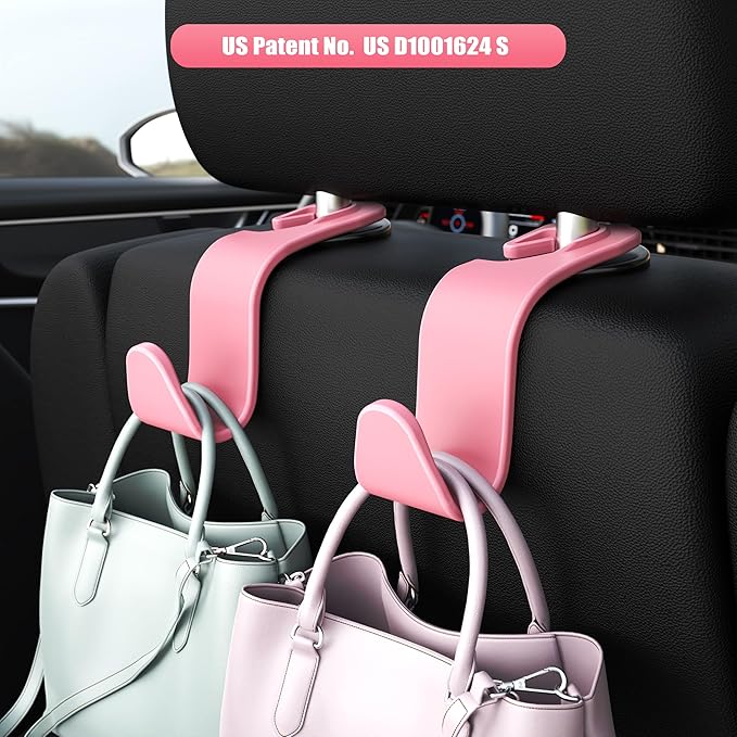 Amooca Car Seat Headrest Hook 4 Pack Hanger Storage Organizer Universal for Handbag Purse Coat Universal fit Vehicle Car Pink with Clip