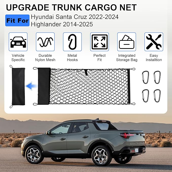 Envelope Style Truck Cargo Net Compatible with Hyundai Santa Cruz 2022-2024 & Toyota Highlander 2014-2025 Accessories, Heavy Duty Carabiners Highly Elastic Truck Bed Mesh Cargo Net