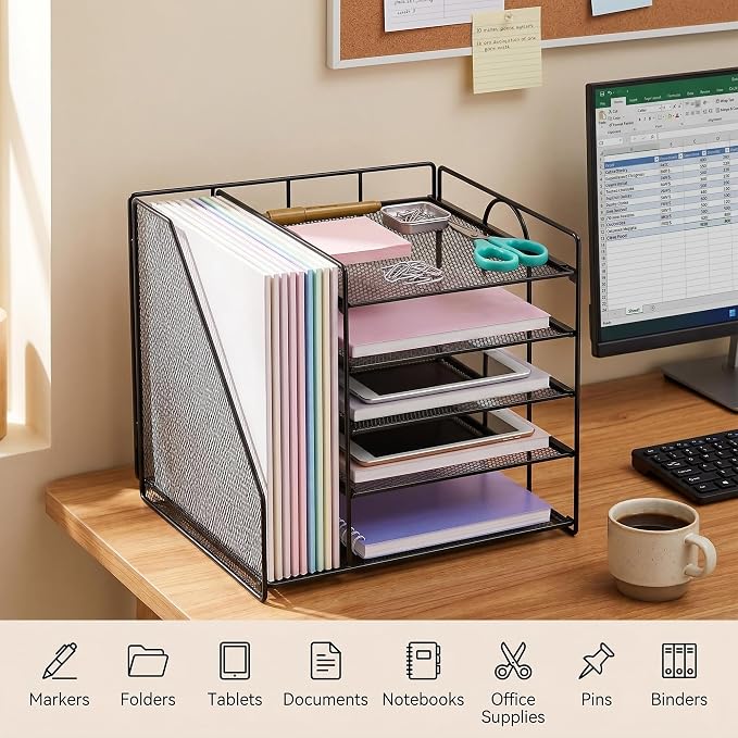 OPNICE 5-Tier Desktop File Paper Organizer, Desk Organizers and Accessories, Office Desk Accessories & Workspace Organizers for Home Office Supplies, Black