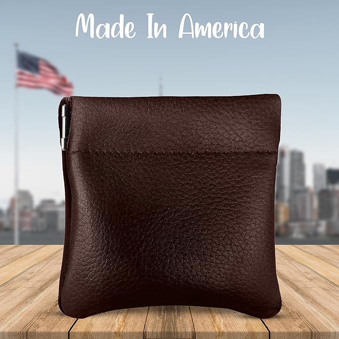 Nabob Leather Genuine Leather Squeeze Coin Purse, Coin Pouch Made IN U.S.A. Change Holder For Men/Woman Size 3.5 X 3.5 (Chestnut)