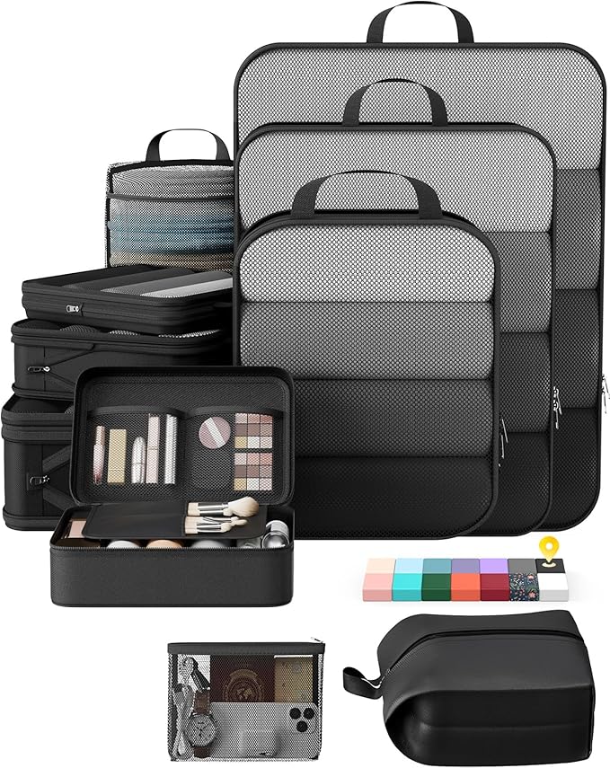 Veken 10 Set Compression Packing Cubes for Travel Essentials,Compressible Expandable Large Luggage Suitcase Organizer Bags for Clothing,Durable Space Saver Storage Bags with Makeup Bag(Black)