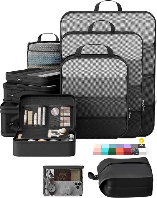 Veken 10 Set Compression Packing Cubes for Travel Essentials,Compressible Expandable Large Luggage Suitcase Organizer Bags for Clothing,Durable Space Saver Storage Bags with Makeup Bag(Black)