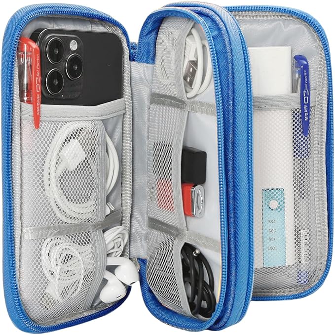 CAAORDKSO Travel Cord Organizer Case, Electronic Accessories Bag, Tech Electronic Case, Electronics Travel Organizer Bag for Cable, USB, Cord, Charger, Phone, Power Bank, Earphone (Blue, Large)