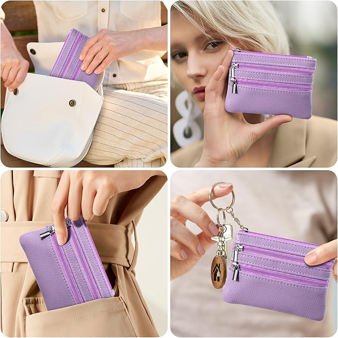 Chelmon 2 Pack Coin Purse Pouch Change Card Holder Small Wallet with Keychain for Women and Men (Light Purple & Light Purple)