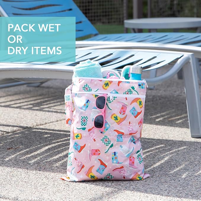 Bumkins - Waterproof Wet Bag, Wet/Dry Clutch & Clear Travel Bags - For Beach, Baby, Travel, Cloth Diapers, Pump Parts, Pool, Gym, Toiletries - Reusable & Easy to Clean - Cowgirl Boots - 5 Pack
