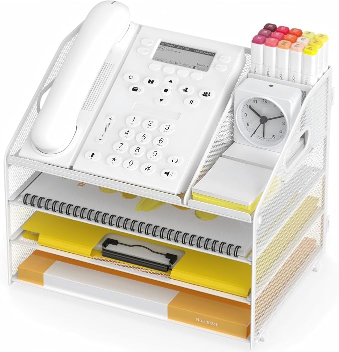Letter Tray Paper, 4 Tier Desk Organizer with Pen Holder and Handle, Mesh File Organizer Paper Sorter Metal Desktop Document Shelf for Office Home Classroom - White