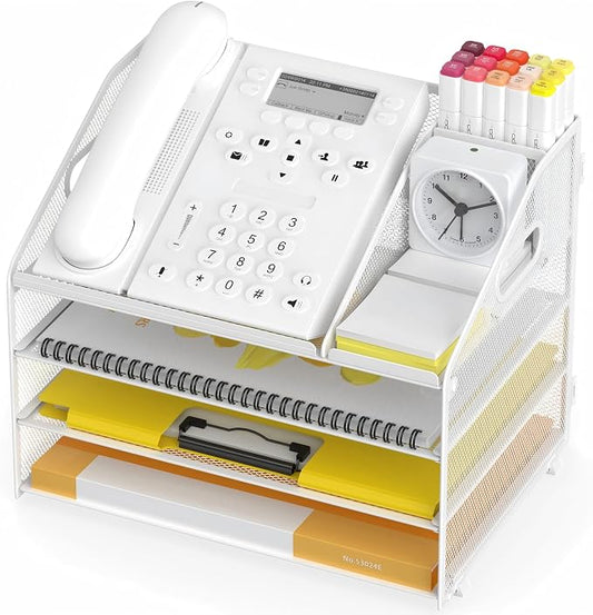Letter Tray Paper, 4 Tier Desk Organizer with Pen Holder and Handle, Mesh File Organizer Paper Sorter Metal Desktop Document Shelf for Office Home Classroom - White