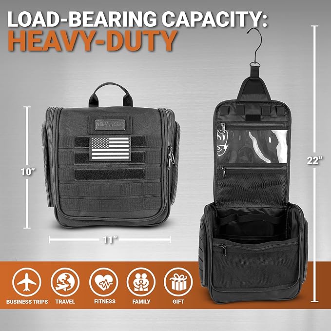 Chef Sac Tactical Toiletry Bag Dopp Kit, Hanging Travel Organizer with 12 Compartments, MOLLE Webbing, Detachable Paracord Handle, Heavy Duty Zippers, Mens Shower Bag for Travel