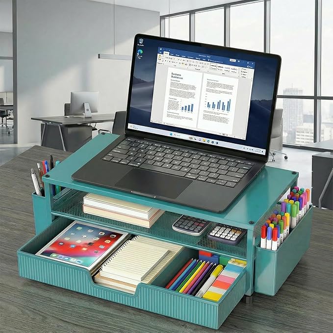 ECOLOVI Desk Organizer and Accessories, 2-Tier Computer Monitor Stand Rise with Storage Drawer & 2 Pen Holders, Laptop & Printer Stand for Desktop, Workspace Organizers for Office Supplies (Blue)