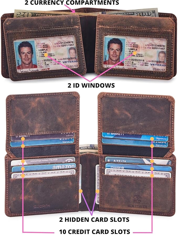 Cochoa Wallet for Men Bifold Leather RFID Blocking High Capacity Slim Card Case with 2 ID Window for Gift (Crazy Horse, Cognac)