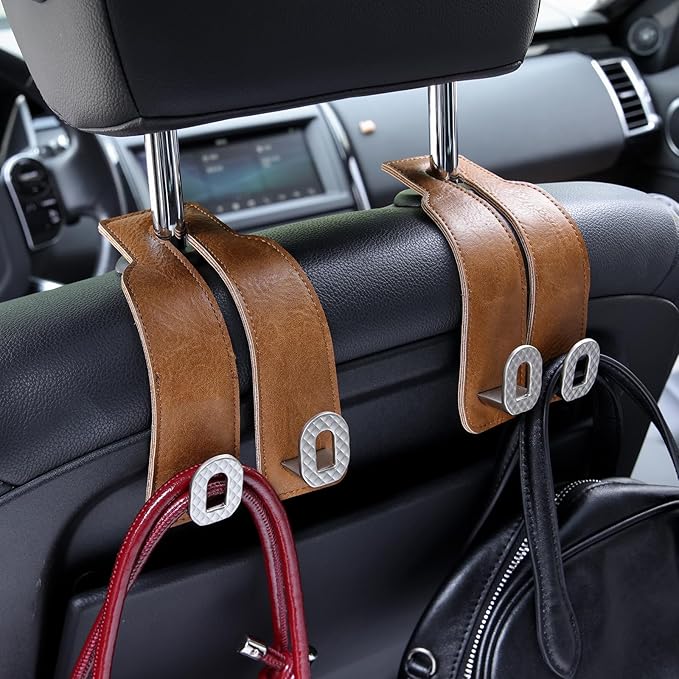 Car Headrest Hooks Universal Car Purse Hook Premium Leather and Alloy Twin Hook Car Seat Back Storage Hanger Hook for Purse Bags Cloth Drink Durable Holder Car Accessories (BH09-Brown-Silver)