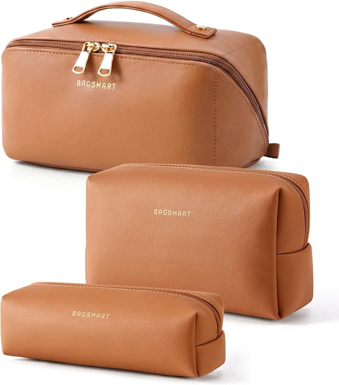 BAGSMART Makeup Bag Travel 3 Pcs Set Cosmetic Bag, Large Make Up Bag Flat Open Toiletry Bag for Women, PU Leather Travel Essentials Organizer Case, Wide-open Pouch for Skincare, Brushes,Classic Brown