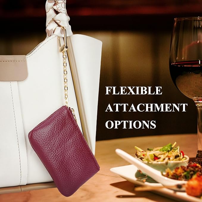 Full Grain Leather Coin Purse with Key Chain - Small Change Purse Keychain Card Holder Keychain Pouch Small Keychain Wallet for Women and Men (Burgundy)