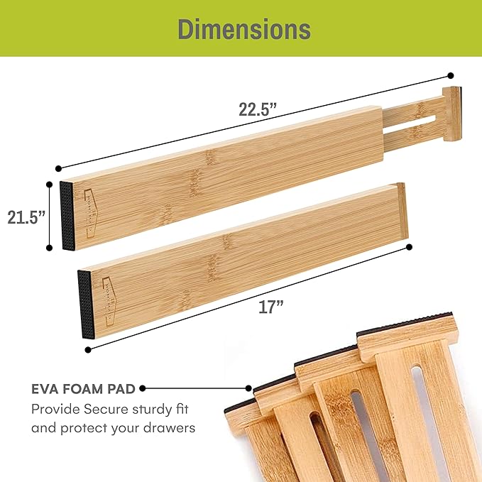 Homemaid Living Bamboo Drawer Dividers Adjustable & Expandable, Kitchen Drawer Organizer, Ideal for Silverware, Dresser Drawers Organizer or Bedroom & Bathroom Drawers Organizers (8pk)
