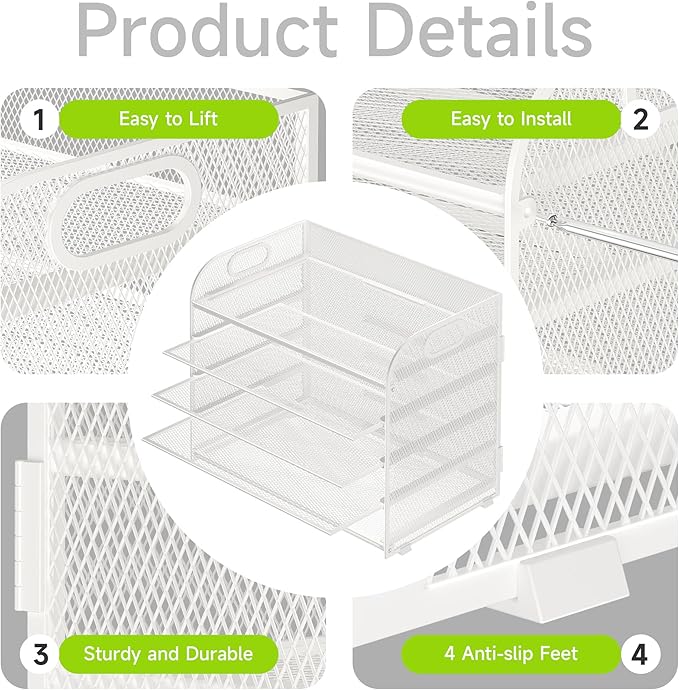 Cawukege 2 Pack 5 Tier Paper Organizer, Letter Tray with Handle, Mesh Desk Organizer, Metal File Organizer, Office Desk Accessories for Home, Office, Classroom, School -White