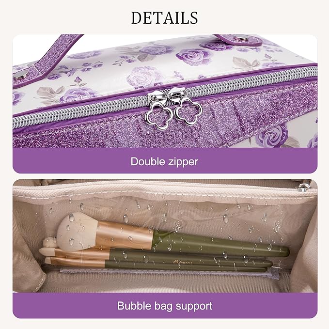 Mrsdry Travel Makeup Bag，Large-capacity waterproof cosmetic bag，Travel bags and toiletries bags for women，PU leather material，Multi-zone and large opening design (Purple flower)
