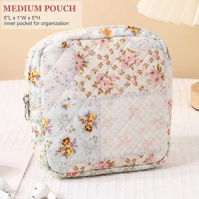 HAPPYHEIDI Floral Cotton Quilted Makeup Bag Set 2 Cosmetic Toiletry Travel Pouch w Pocket Purse Organizer 2-Size