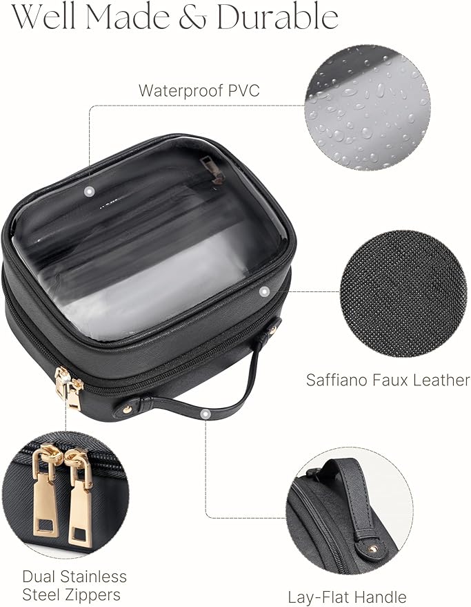 Clear Cosmetic Bag Double Layer Travel Toiletry Bag Clear Makeup Bag Case with 4 Compartments, Transparent Travel Bag for Toiletries, Large Toiletry Bag for Women Cosmetic Case (Black, Small)