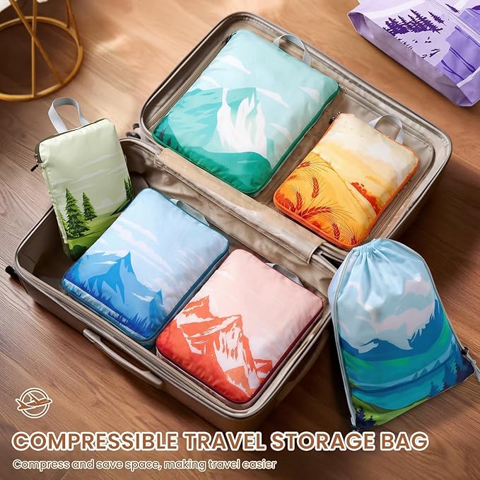 7 Set Compression Packing Cubes for Travel - Compressible/Expandable Luggage Organizer Bags Set, Double Zipper Packing Organizer for Suitcase, Lightweight Travel Essentials Accessories