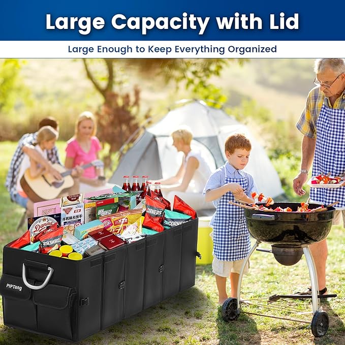Collapsible Car Trunk Organizer with Reflective Strips, Durable 1680D Oxford Fabric, Large Capacity Storage Bin with Aluminum Handles, Anti-Slip Bottom – 60x35x30cm (23.4x13.8x11.8 inches)