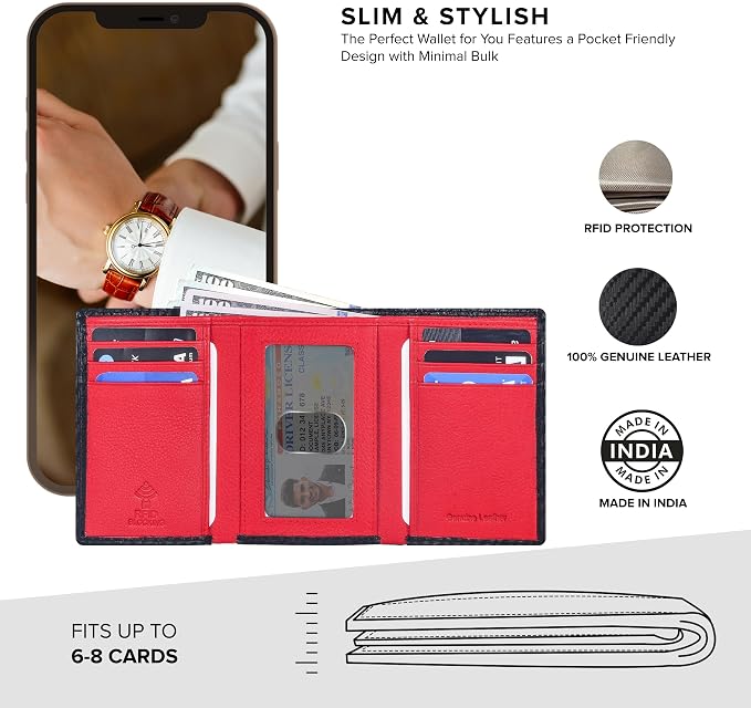 Tri fold Leather Wallet for Men with RFID | Slim Wallets for Men with 1 ID and 6 Credit card slots | Front Pocket Minimalist