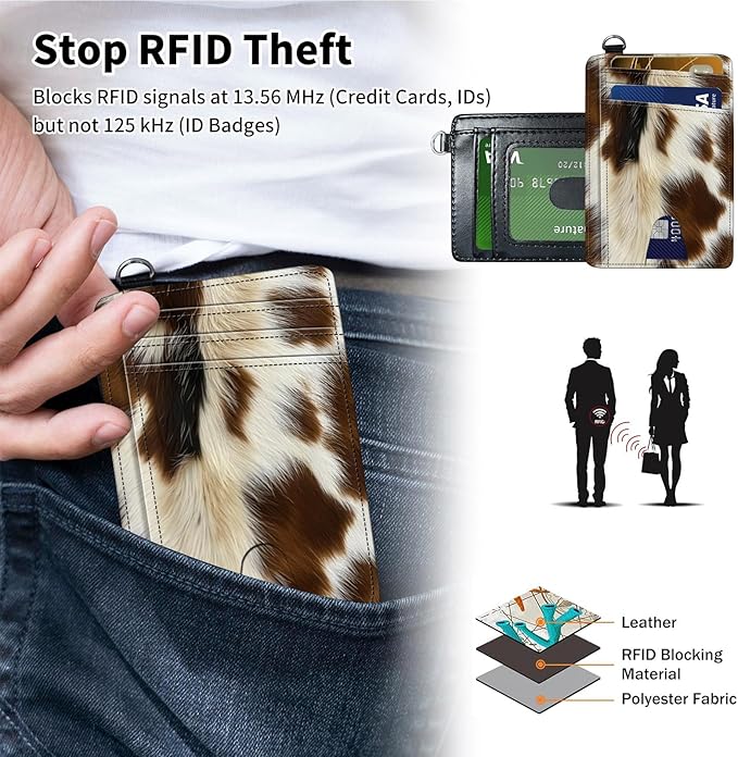 Slim Minimalist Front Pocket Wallet,Credit Card Holder Wallet for Women Men,RFID Blocking Credit Card Holder Case Leather Cute Small Thin Wallet ID Window&Wrist Strap,Brown White Fur Print
