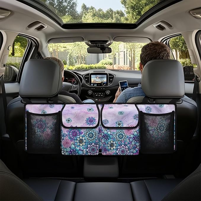 Bohemian Flower Design Car Trunk Organizer,Beach Design Backseat Trunk Organizer with 4 Pocekt,Backseat Hanging Car Storage Bag Foldable Cargo Storage Not Easy to Fade Machine Washable