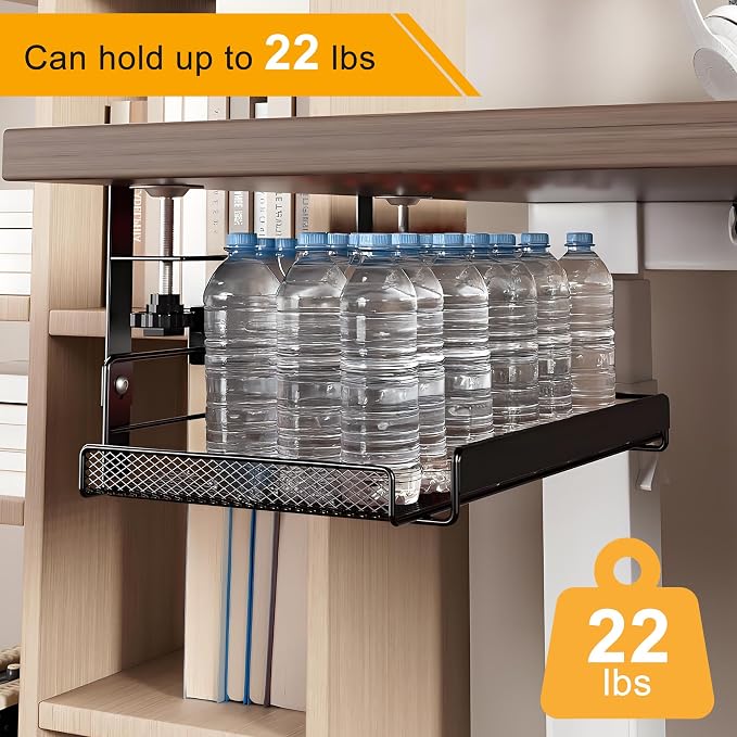 Under Desk Cable Management Tray No Drill, Sturdy Wire Desk Cable Organizer Tray,Wire Management Rack with Side Rails and Storage Organizer for Home Office