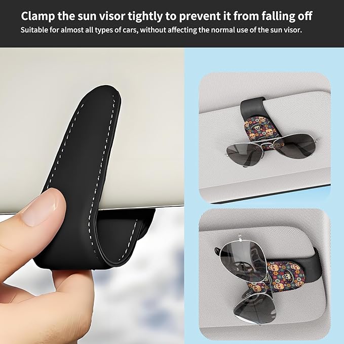 Sunglasses Holder for Car Visor, PU Leather Glasses Clip Organizer, Cute Magnetic Eyeglass Holder for Vehicle Sun Visor, Car Interior Accessory for Women & Men Sugar Skull Floral
