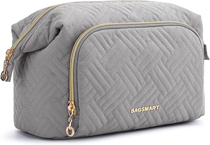 BAGSMART Travel Makeup Bag, Cosmetic Bag Small Make Up Organizer Case,Wide-open Pouch for Women Purse for Toiletries Accessories Brushes Grey