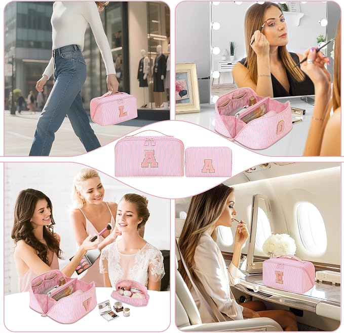 Initial Makeup Bag, Portable Water-resistant Monogram Cosmetic Bag Set, Travel Toiletry Bag with Brush Holder, Personalized Gifts for Friend Teacher Mom Wife, Pink O
