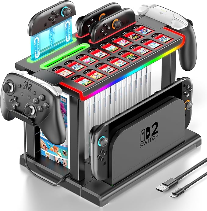 Switch 2 RGB Organizer Station with Controller Charging Dock, Switch 2 Storage Stand, Joycon 2 Charger, Gaming Accessories Holds TV Dock, 16 Game Cases, 16 Game Cards and 2 Pro Controllers
