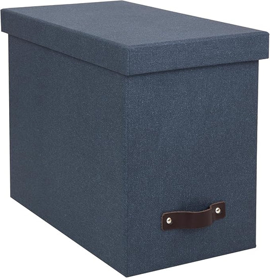 Bigso John Desktop File Box - File Storage Box and Document Organizer for Important Paperwork - Durable Hanging File Box with a Lid and Leather Handle - 7.36 in x 13.26 in x 10.51 in - Blue