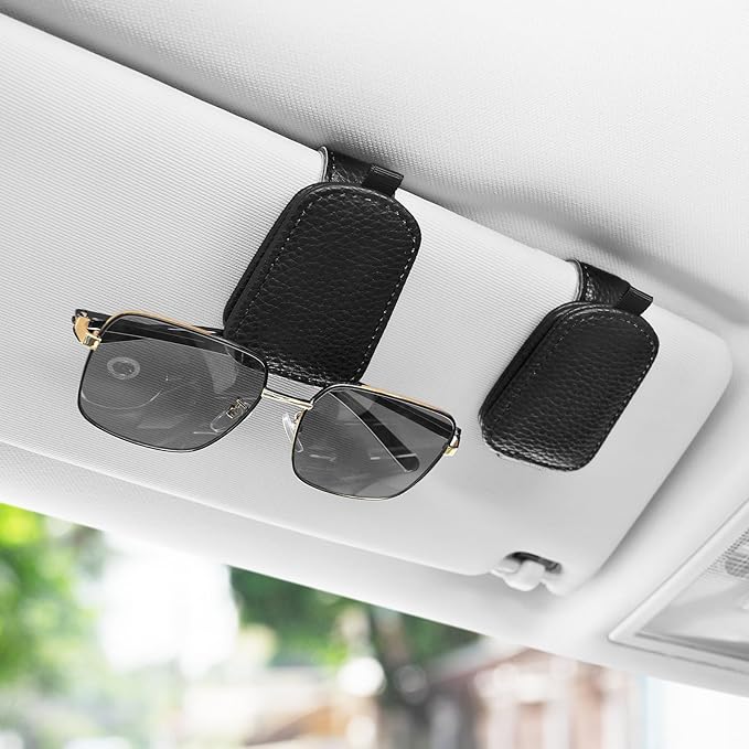 SINGARO Sunglasses Holder for Car, Leather Magnetic Buckle Sun Visor Sunglass Clip, Ticket Card Storage Glasses Clip, Car Interior Accessories for Men and Women（2PCS Black）