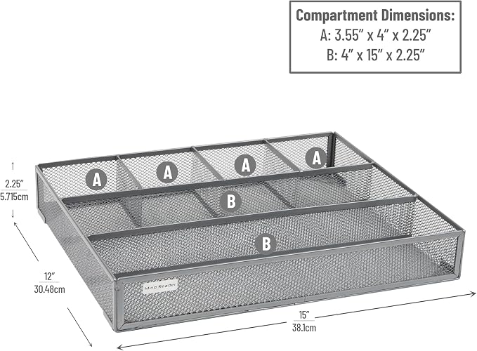 Mind Reader Drawer Organizer, Desk Org, Utensil Organizer, Office, Kitchen, Metal Mesh, Silver (Pack of 8)