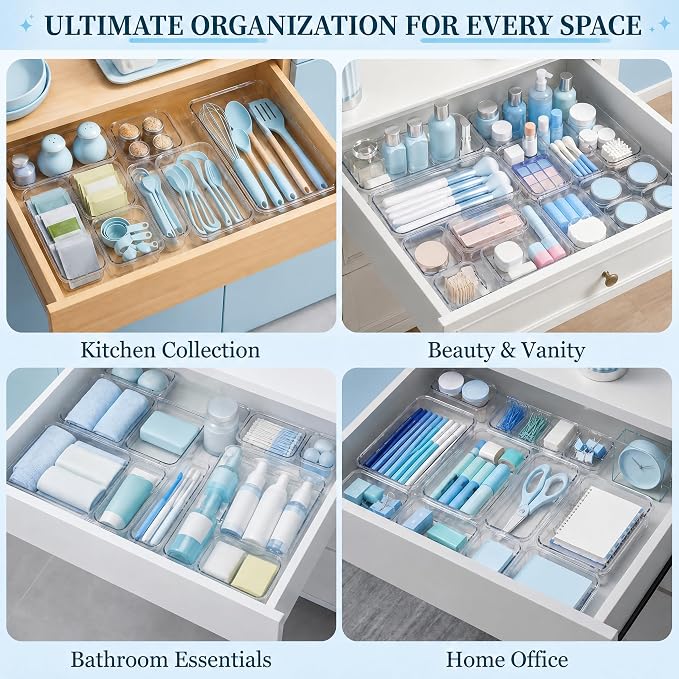 14 Pcs Expandable Clear Drawer Organizer, 3-Size Extendable Drawer Divider, Adjustable Plastic Storage Box, Arcrylic Storage Bins for Makeup Vanity Drawer Dresser DIY Desk Office Kitchen Utensils