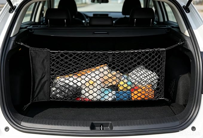 130x45CM Trunk Cargo Net Large Heavy-Duty Automotive Storage Bag | Elastic Trunk Storage Mesh Organizer Foldable Automotive Cargo Net Mounting Screws Universal for SUV Truck Van Sedan
