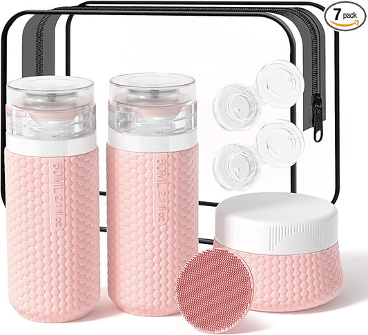 Travel Bottles for Toiletries 2oz 60ml 2 Pack + Cosmetic Jar 40ml 1.35oz Luxury Leather Pattern, Anti-slip Silicone Premium Refillable Bottle Set with Facial Brush for Gym Men Women, Pink