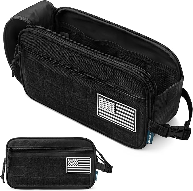 PAVILIA Tactical Toiletry Bag for Men, Water Resistant Molle Military Dopp Kit, Travel Hygiene Organizer with Wet Dry Storage for Shaving, Grooming, Gym and Camping, Black