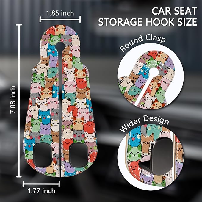 Blusabaca 2PCS Car Seat Back Storage Headrest Hooks, Cute Cats Purse Holder Bags Hanger, PU Leather Double Metal Hook for Backseat Organizer, Women Car Accessories Organization